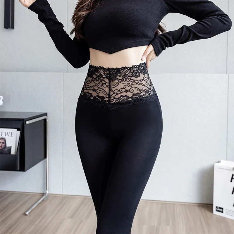 Women Leggings Lace High Waist   Spring Autumn Solid Color Ladies Sexy Slim Thin Pants Stretch Female Modal Push Up Leggings