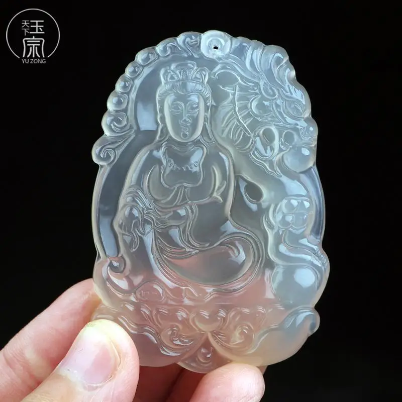 Natural Ice A Dragon Guanyin Pendant High Ice Chalcedony Chalcedony Good Lucky Pendant Men's Jade White Agate Blessing Pendant