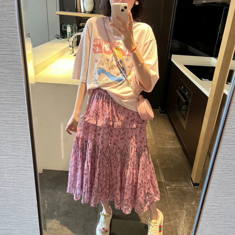 

Cute Princ Letter Print T-irt Women's ort Sve Vintage Sle Korean Loose Fit Summer Top for Younger Look