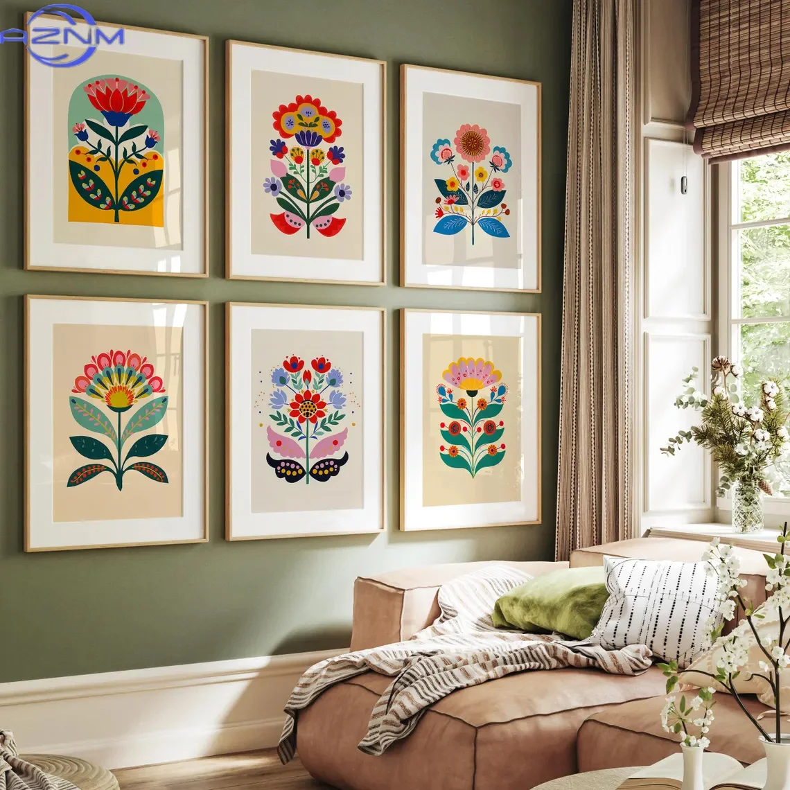 6pcs Scandinavian Folk Art Floral Wall Poster Set - Vintage Swedish/Danish/Norwegian Botanical Prints, Unframed Horizontal Canva