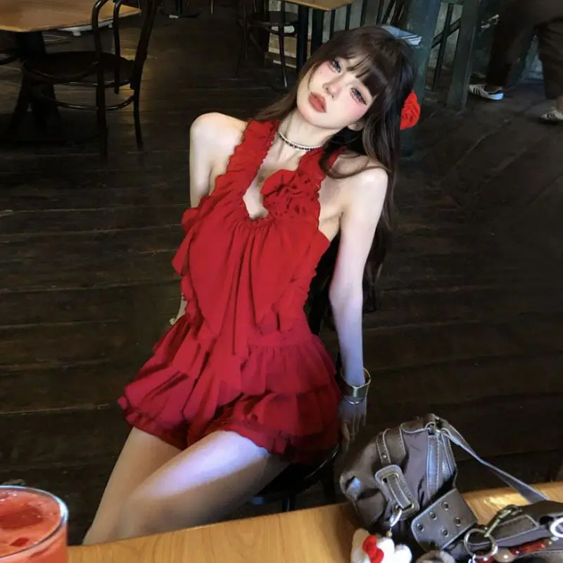 

Red Colorway Unique Beautiful Hanging Ne Top Skirt Two-Piece Set Summer New Arrival Women's Faion Set Breathable Thiene...