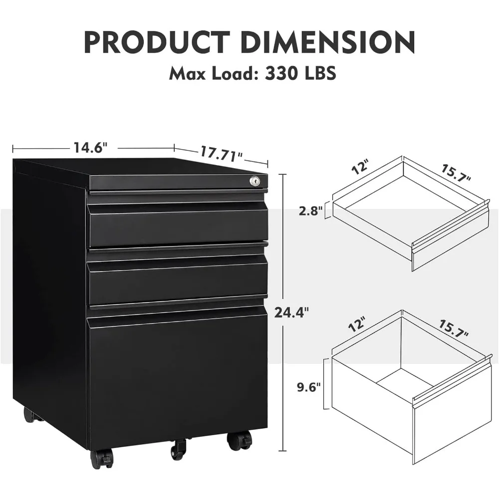 Armario de archivos rodante de Metal con cerradura, 3 cajones sobre ruedas debajo del escritorio, oficina en casa, construcción de Metal resistente