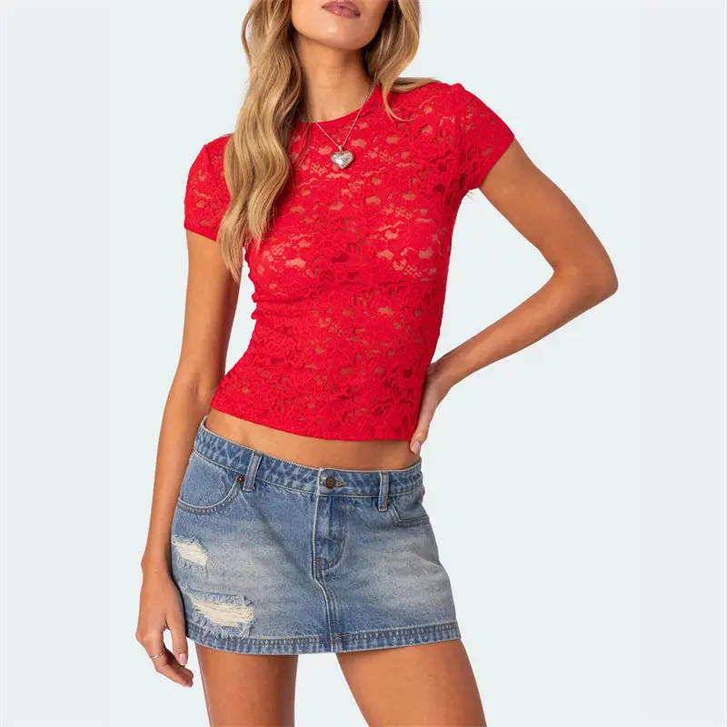 Women Lace Crop Top Sheer See Through Floral Round Neck Short Sleeve T Shirt 2000s y2k Clothes