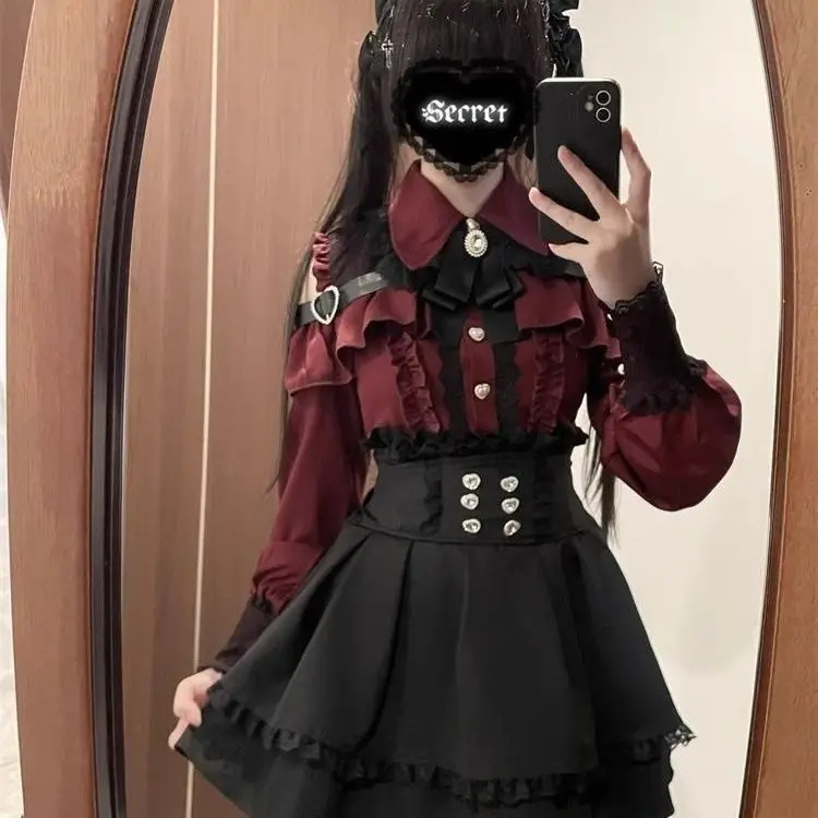 

Японские милые блузки в стиле Лолиты + мини-юбки Kawaii Cake, женские повязки Jupe с высокой талией, комплект юбки Y2k Sweet Lace JK Faldas 2025