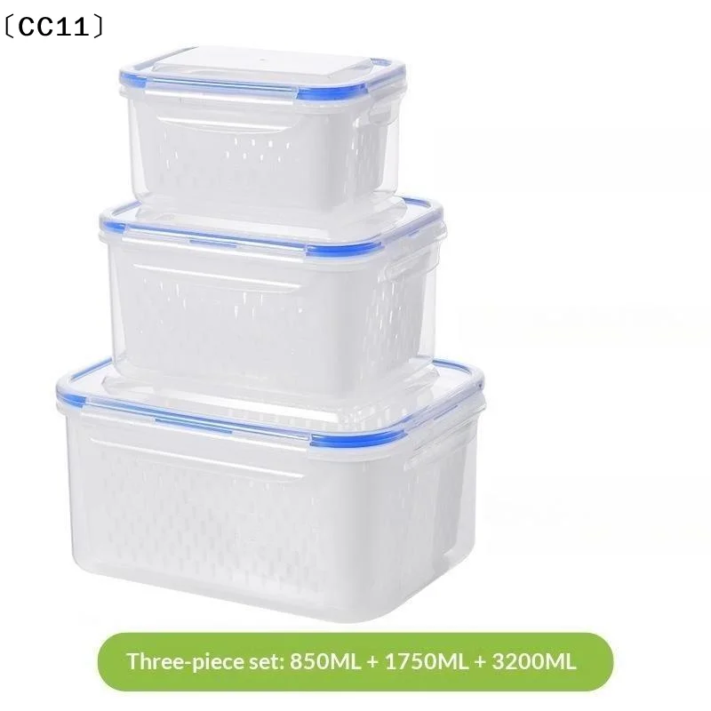 3 Sizes Food Grade Plastic Storage Containers With Drain Basket Airtight Lids For Fridge Fruit Vegetable  Organization〔CC11〕