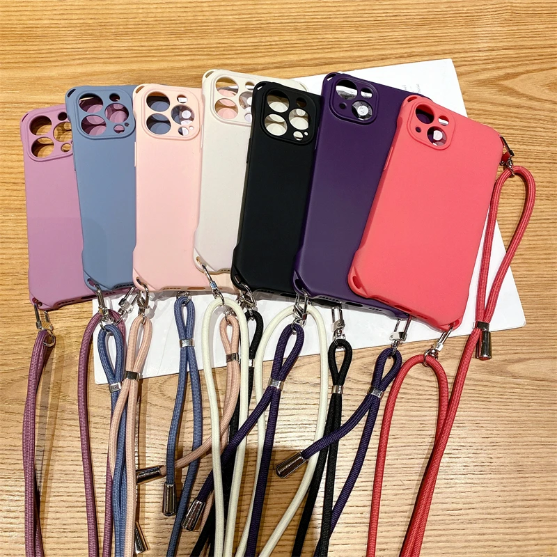 حلوى لون Crossbody قلادة الحبل الحبل لينة سيليكون قضية الهاتف آيفون 14 12 13 برو ماكس 14 زائد حزام غطاء مقاوم للصدمات