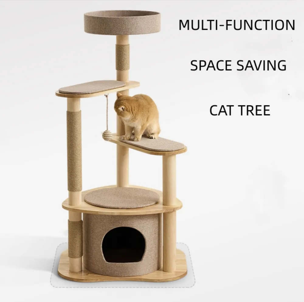 Solid Wood Multifunctional Cat Tree & Bed, All Seasons, Scratch-Resistant, Multi-Level Climbing & Scratching Post