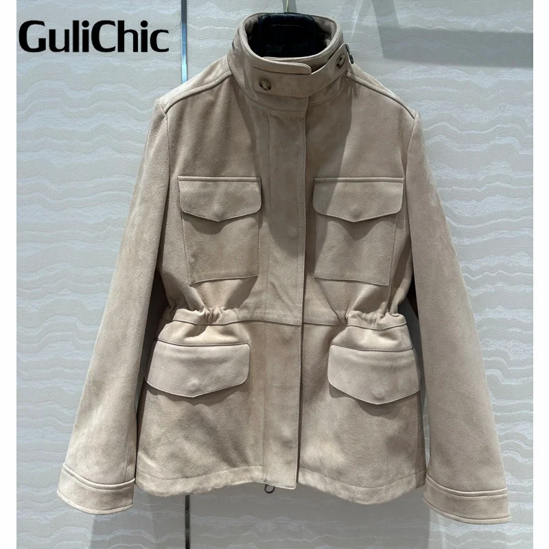 8.20 GuliChic High Quality Fashion Casual Traveller Outerwear Women Drawstring Collect Waist Temperament Genuine Leather Jacket