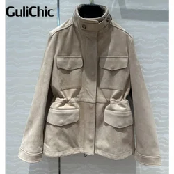 8.20 GuliChic High Quality Fashion Casual Traveller Outerwear Women Drawstring Collect Waist Temperament Genuine Leather Jacket