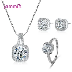 100% Real 925 Sterling Silver  Sparkling Crystal Jewelry Sets Classic Shiny CZ Ring Earrings Pendant Necklace For Women