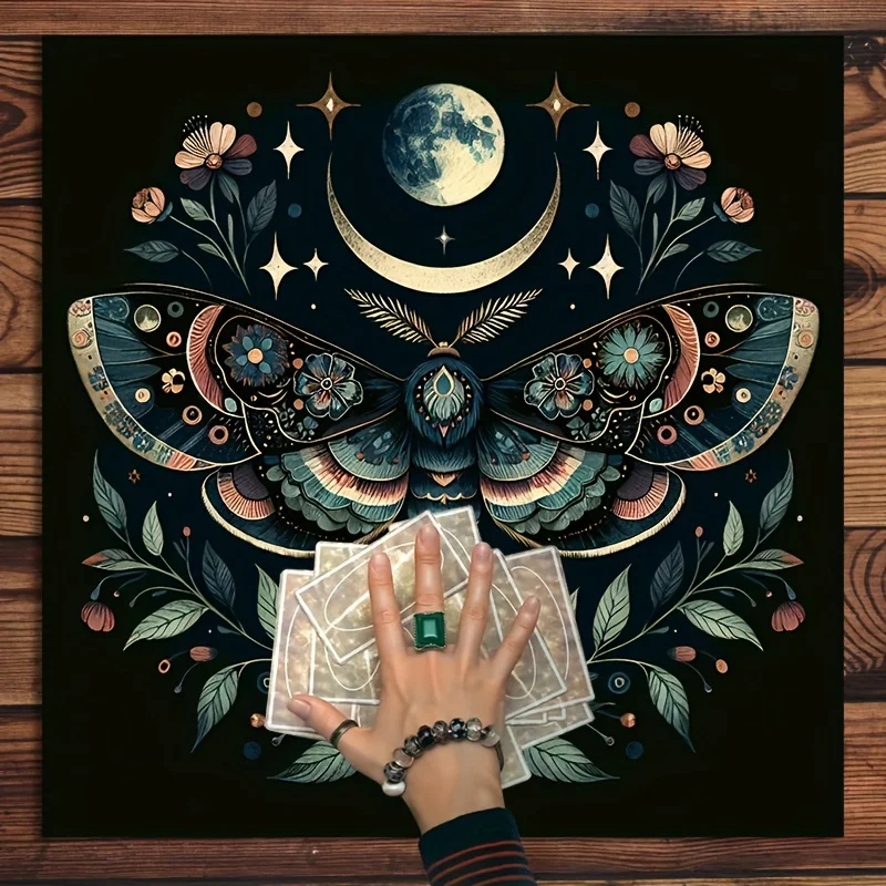 1 Moon Phase Altar Cloth, Vivid Butterfly & Floral Design, Detailed Illustration, Moon‑themed Decor Mat for Card Reading