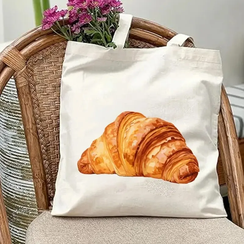 

Croissant Print Canvas Tote Bag Large Capacity Ideal for Shopping Travel Outdoor Picnics, Shopping Tote Bag Playful Print Bag