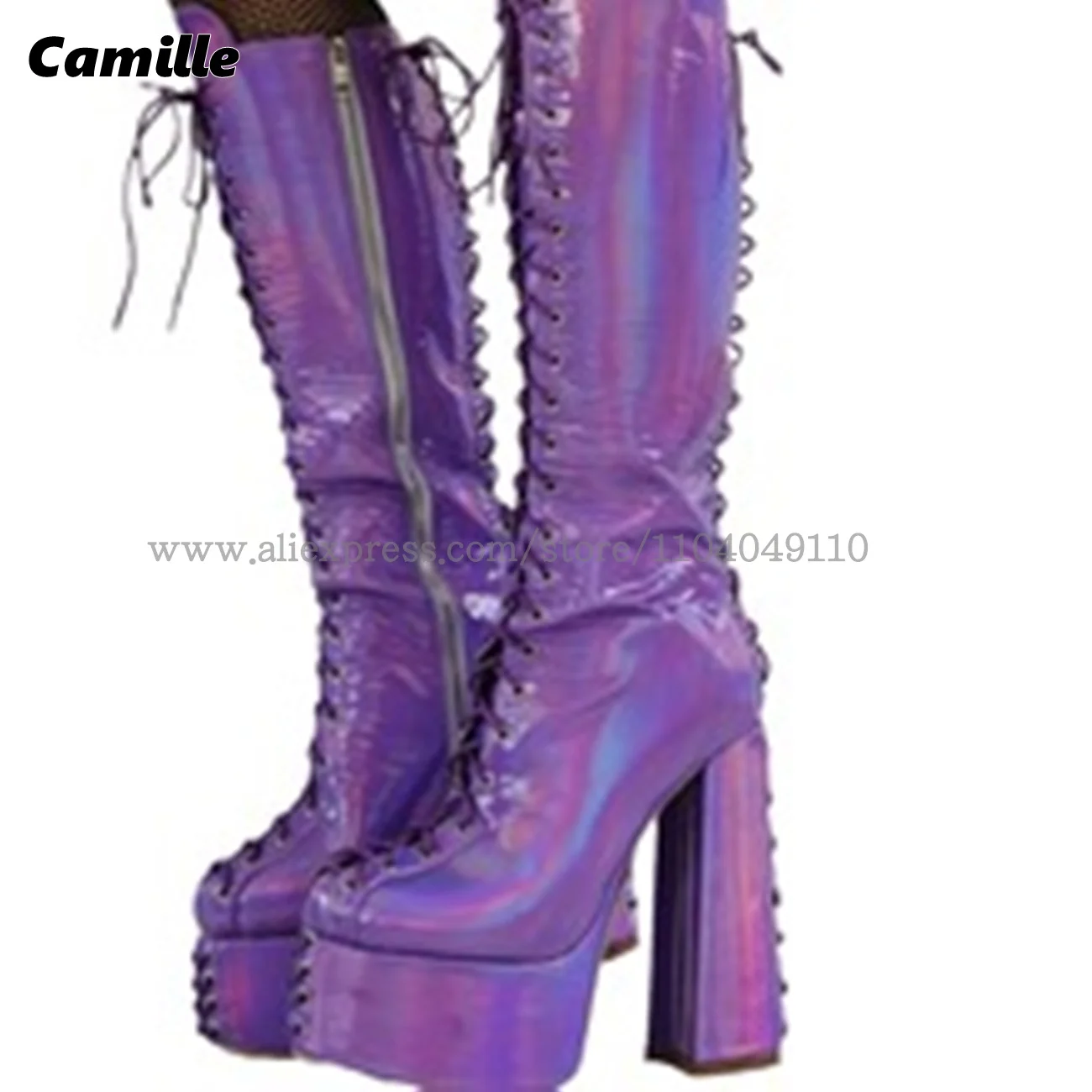 

Laser Purple Inner Zipper Halloween Sexy Party Boots Autumn Size 36-47 NEW All-Match Casual Boots Round Toe Platform Women Boots