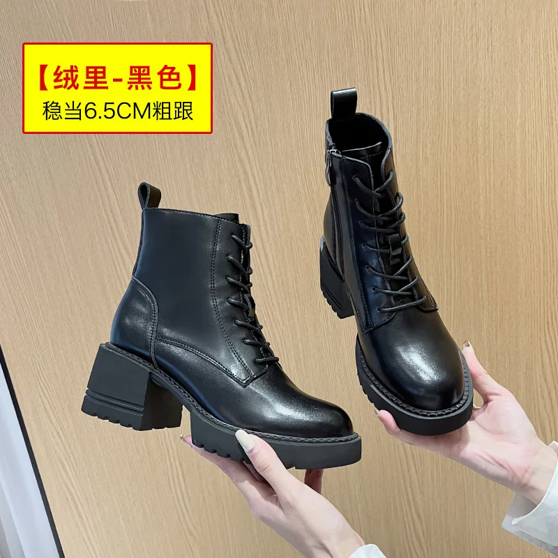 Women Ankle Boots Office Ladies Concise Lace Up Thick High Heels Back Zipper Shoes Woman Autumn Winter Classic Stretch Boots