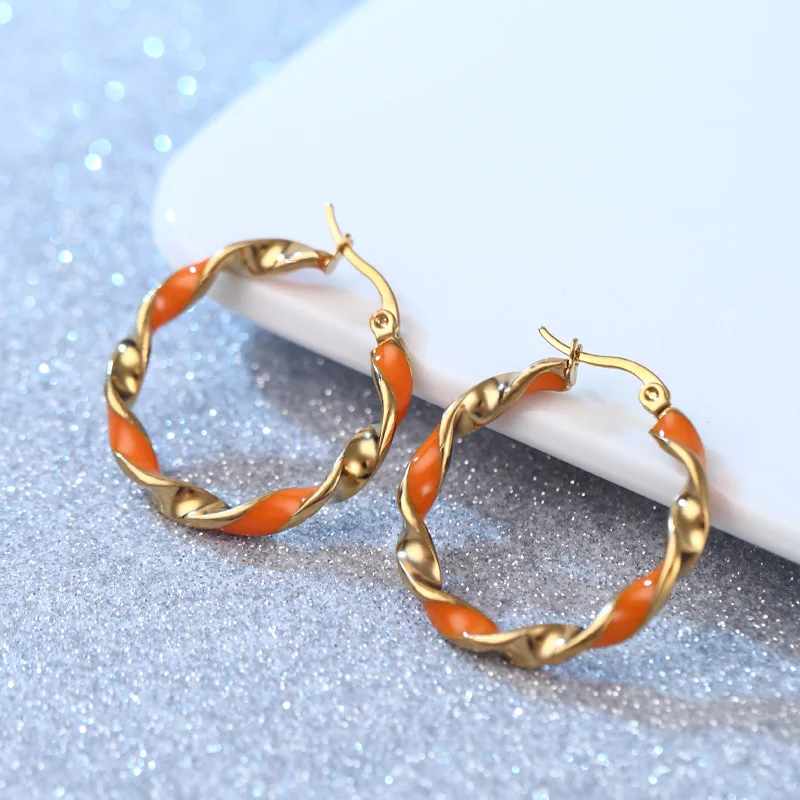 Stainless Steel Chic Hoop Earring Women Girl Pink Orange Twist Round Earrings for Teens Lovers Hypoallergenic Ear Jewelry Gifts