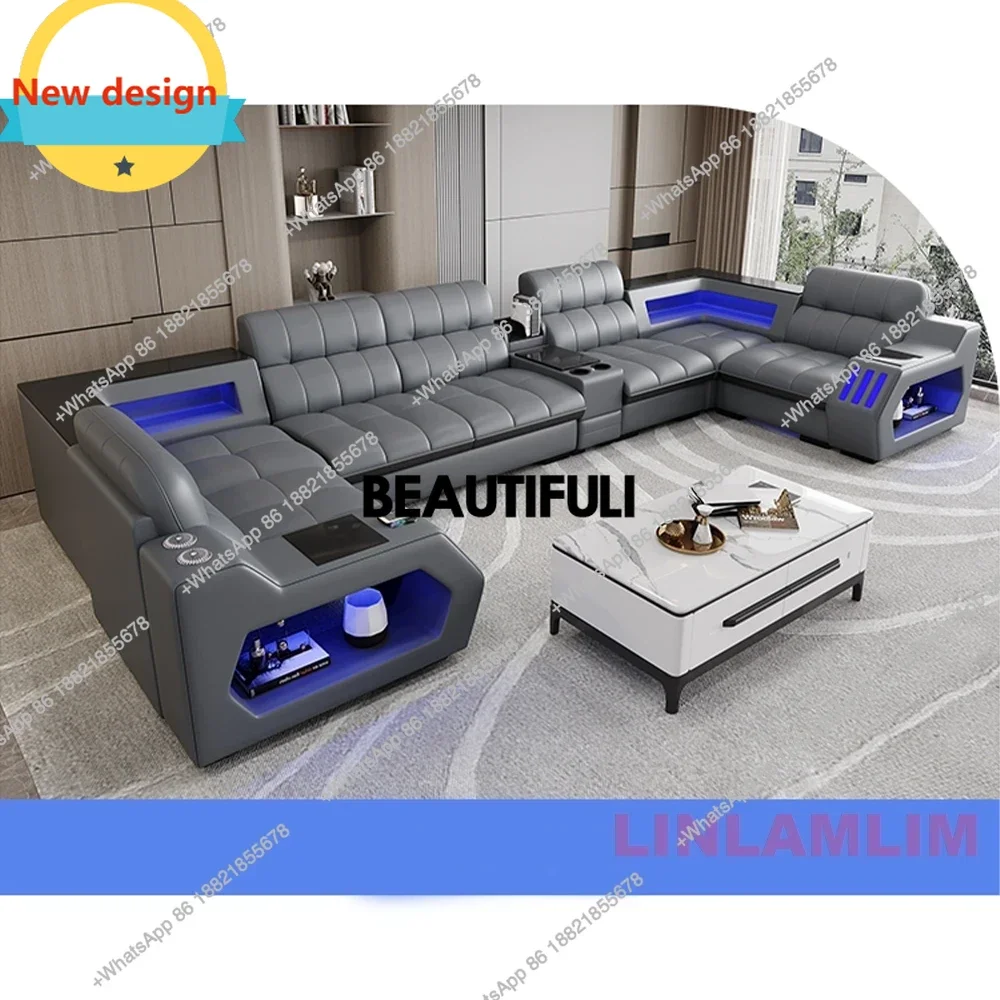 

C139 Современный секционный диван-кровать со светодиодной подсветкой, электрическим креслом и массажем | Диван из натуральной кожи для гостиной с подстаканником