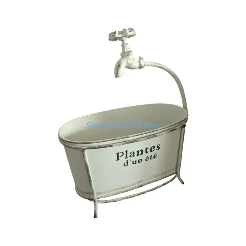 N5KC Retros Styles Iron Plant Pot With 3D Faucet Elevated Stand Home Gardening