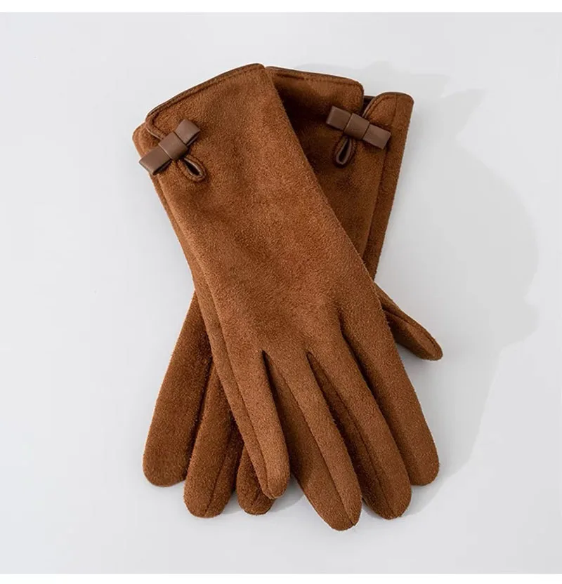 Fahion Suede Leather Bow Thicken Touch Screen Driving Warm Gloves For Sports Winter Outdoor Plus Velvet Cold Protection Women's