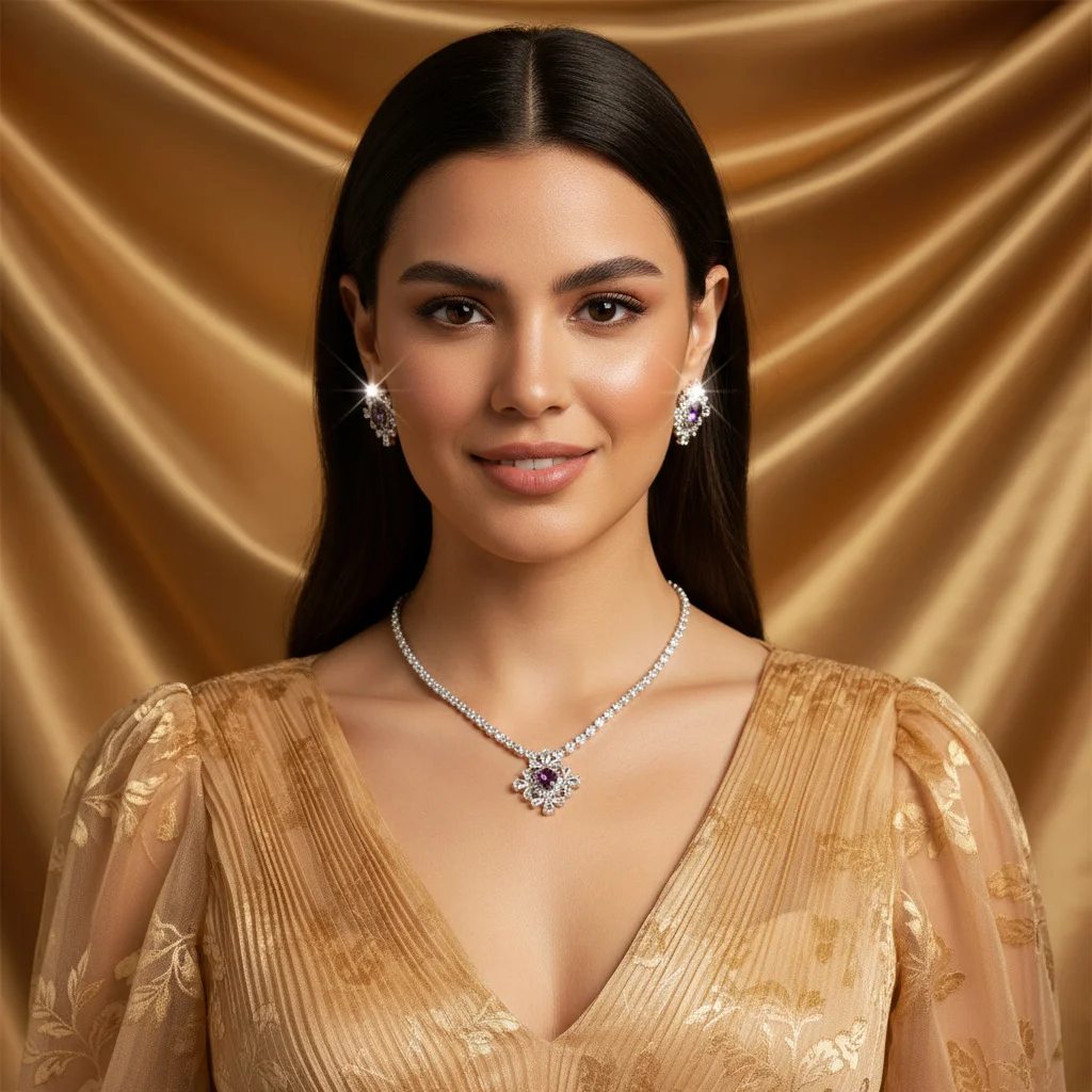 

Geometric Floral Bridal Jewelry Set, Inlaid Cubic Zirconia & Colorful Gems, Necklace and Earrings Wholesale