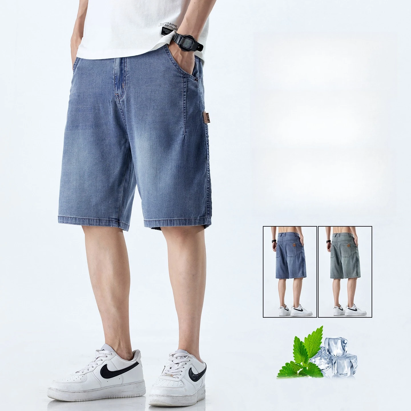 Summer Lyocell Fabric Men's Denim Knee-Length Shorts Loose Breathable Casual Jean Shorts Cozy Streetwear Five-Pocket Shorts