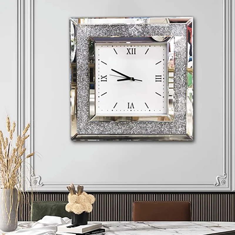 Luxury Diamond Wall Clock Modern Design Big Size Creative Silent Silver Glass Large Mirror Clocks Wall Home Decor Living Room