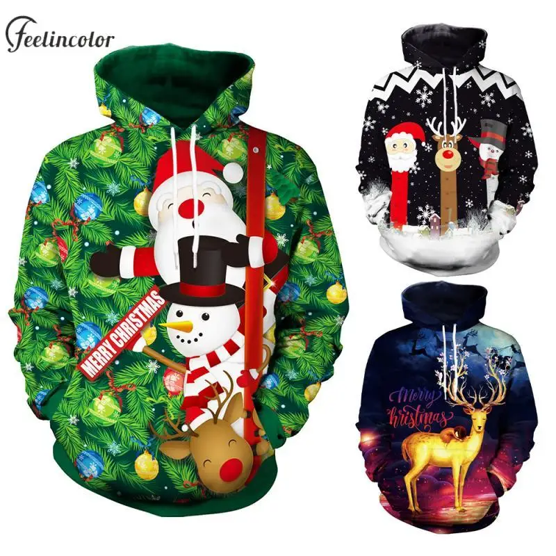 

Snowman Couple Ugly Christmas Hoodie Santa Claus and Deer Print Sweatshirt Loose Casual Pullover with Pocket Male Male Clothes