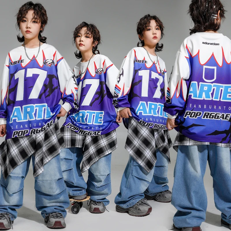 

Kid Hip Hop Clothing Blue White Flame Print T Shirt Wine Red Casual Pleated Cargo Pants for Girl Boy Jazz Dance Costume Clothes