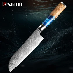 XITUO Damascus Steel VG10 Santoku Knife Chef Knife Raw Fish Fillet  Fish Kitchen Knife Blue Resin Color Wood Handle Cooking Tool