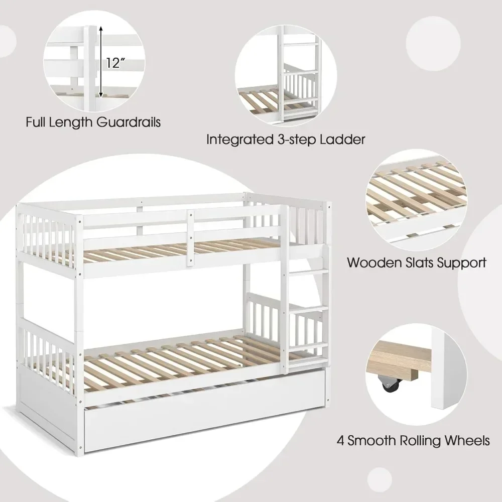 Litera doble sobre dos camas individuales con nido, estructura de cama con plataforma convertible con escalera y estructura de madera maciza, no necesita somier, blanco