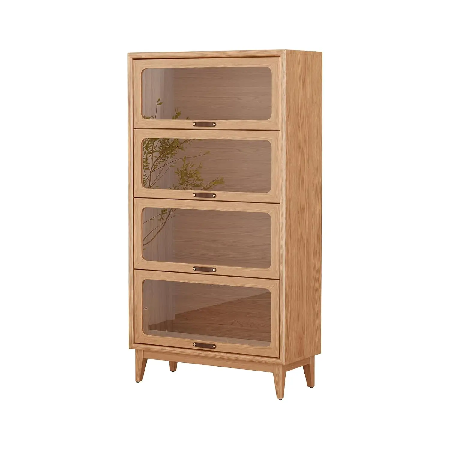 Solid Wood 4 Tier Bookcase with Glass Doors, Wooden Shelf 60H/32W/14 Inch Khaki, Antique Storage for Home Office, Customized
