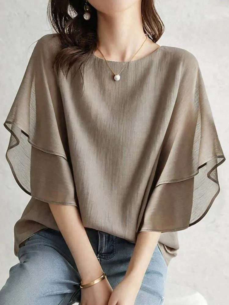 2026 New Lightweight Batwing Sleeve Blouse Tops For Women Casual Loose Fit Round Neck Layered Design Summer Wear