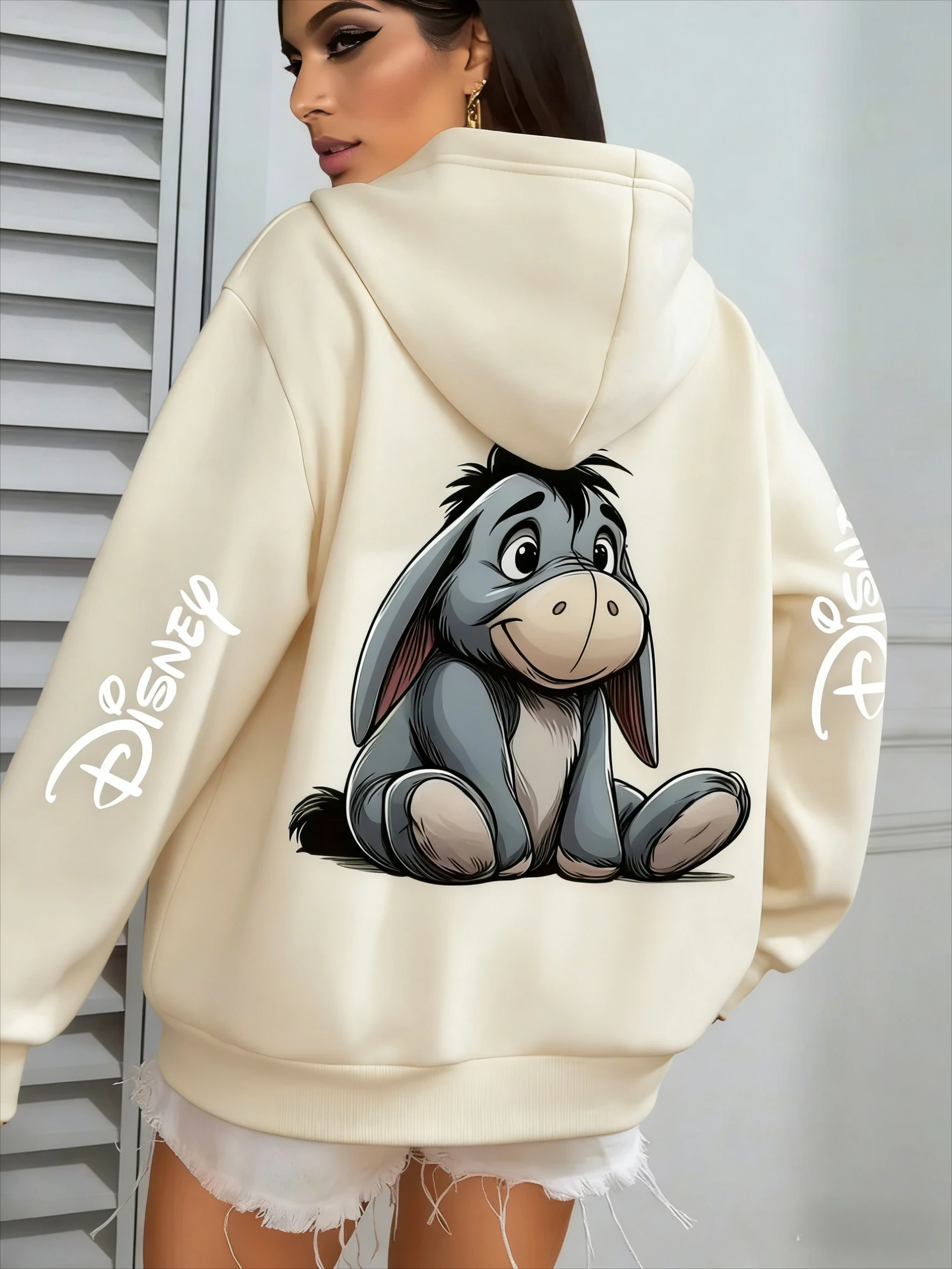 

Женская флисовая хлопковая толстовка с капюшоном Disney Winnie The Pooh светло-серого цвета с грустным синим осликом, с большим принтом на спине, с рукавами Disney