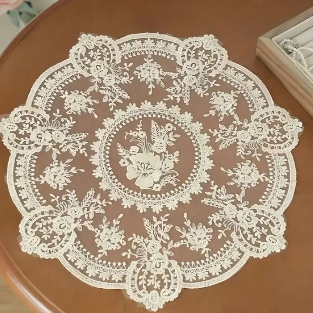 Vintage Embroidered Lace Table Mat Flower Embroidery Round Lace Table Cloth Napkin Placemat Dining Table Cover Wedding