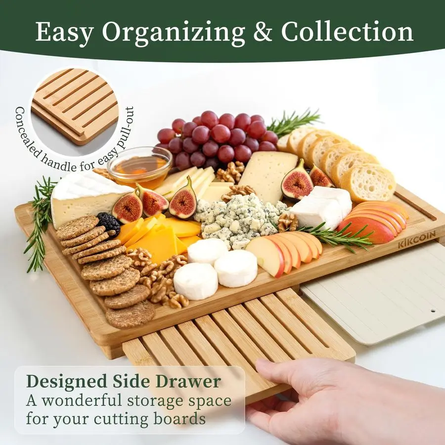 Bamboe Snijplank Set met Ontdooibak, Houten Snijplanken voor Keuken met Diepe Sap Groeven amp Ingebouwde Organizer Mea
