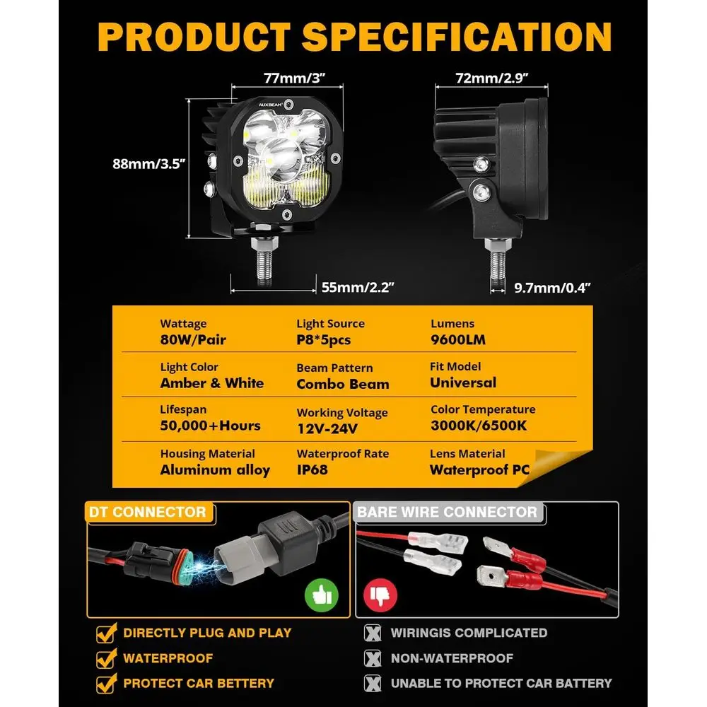 80W XP-Ultra Series LED Off-Road Lights, Amber Fog & White Spot Flood Combo, Pair with White/Amber Covers