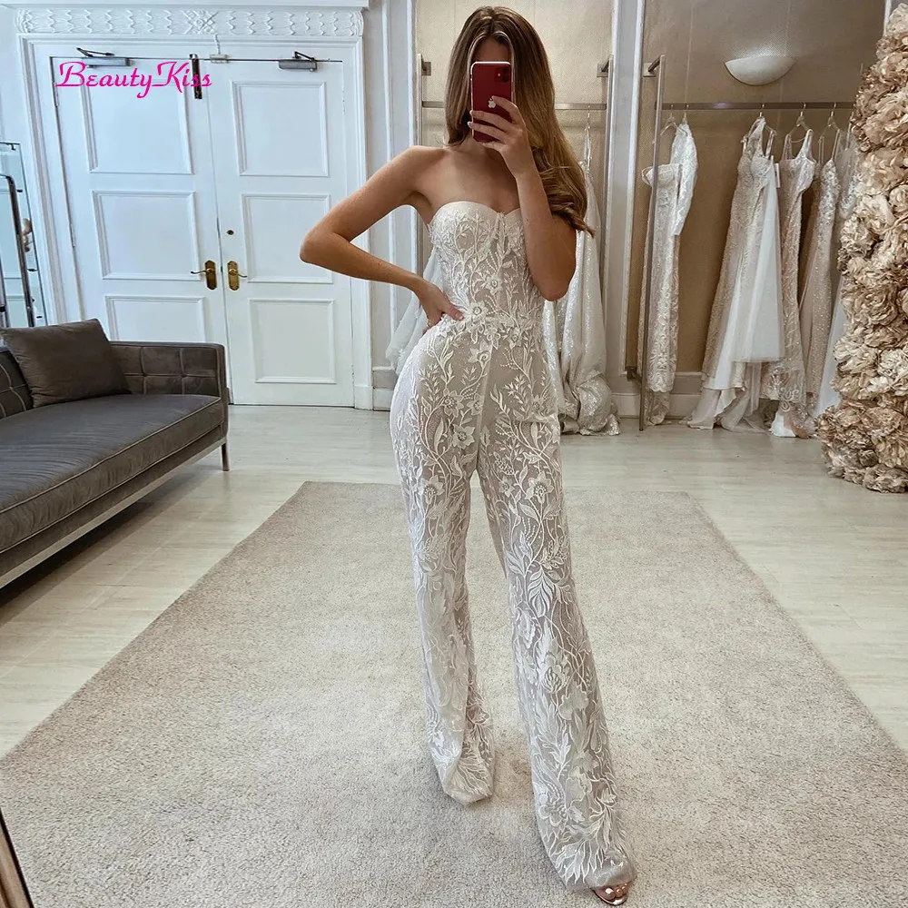 Lace Wedding Pant Suits For Brides Sweetheart Applique Sleeveless Sexy Wedding Jumpsuits Women Ivory Long Elegant Formal Dress