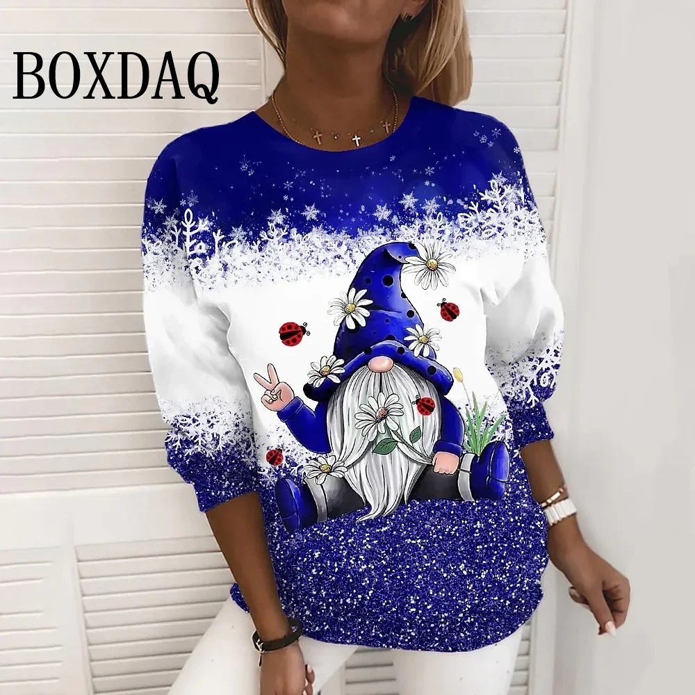 

Осень-зима 2024, Женская рождественская футболка, повседневный Забавный Модный пуловер с круглым вырезом и цветочным принтом, топы, свободная одежда с длинным рукавом