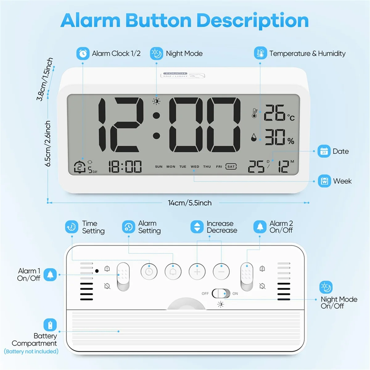 Sveglia digitale A72P con ampio display LCD, suoneria forte per un'avvolgimento efficiente, multifunzione con temperatura