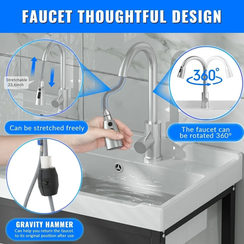 Freistehendes 28-Zoll-Keramik-Spülbecken mit Waschbrett, Kalt- und Warmwasserhahn, Schläuchen für Waschküche