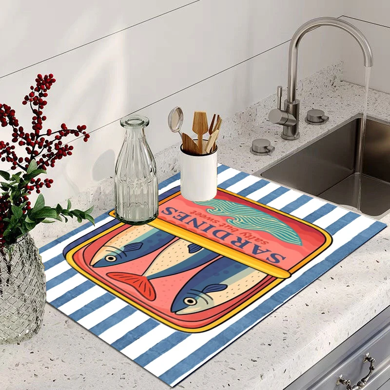 Absorbent Dish Drying Mat for Kitchen Counter Retro Sardine Tin Non-Slip Coffee Maker Bar Mat Quick Drying Table Desk Pad