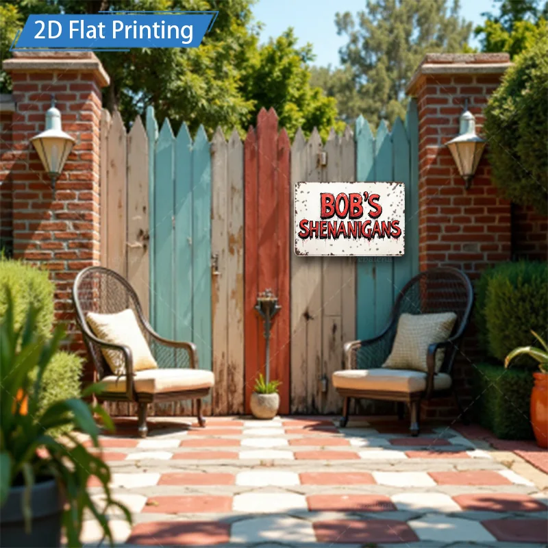 [2D FLAT] علامة معدنية قطعة واحدة، علامة معدنية قديمة مقاس 8 × 12 بوصة "Bob's Shenanigans" طباعة مسطحة ثنائية الأبعاد
