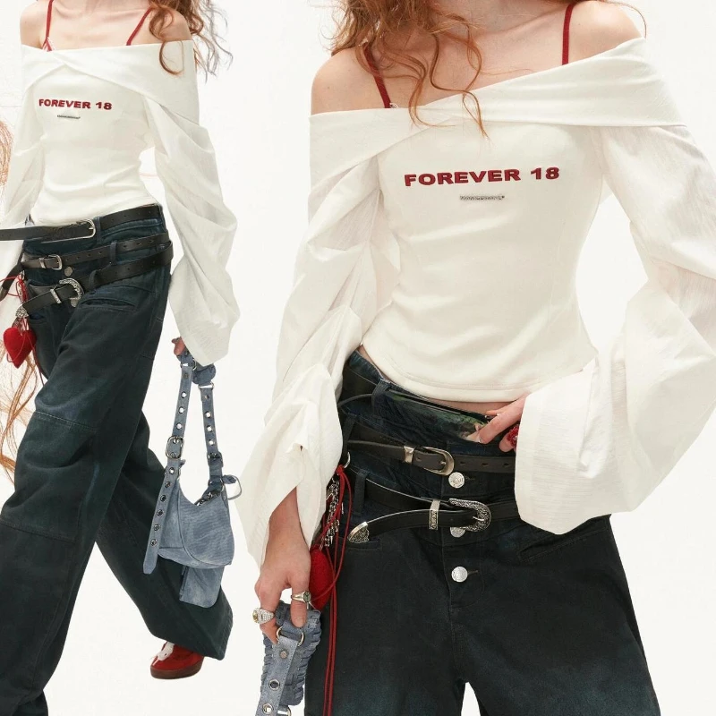 Y2k Aesthetic Letter Embroidery Women Blouse 2024 Slim Grunge Slash Neck Crop Shirt Harajuku Lantern Sleeve Streetwear Blusas