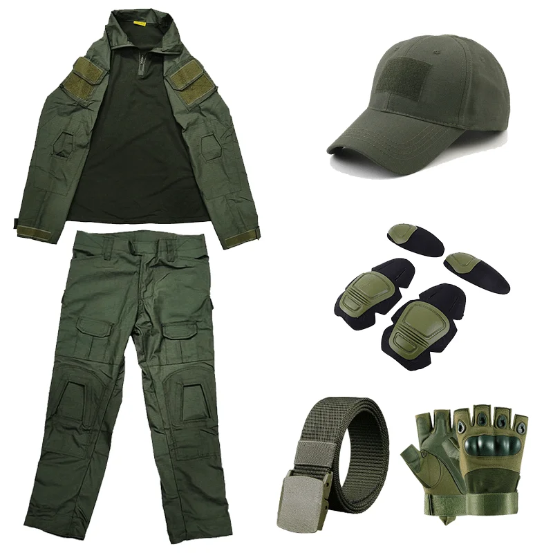 

Outdoor Military Tactical Complete Suit Solid Green Shirt Pants With Matching Hat And Protective Gear Set