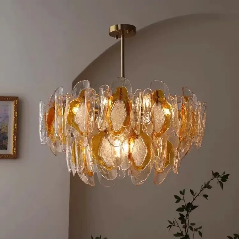 Retro French American Amber Art Glass Chandelier Transparent Pendant Light for Bedroom Dining Room Living Room Decor