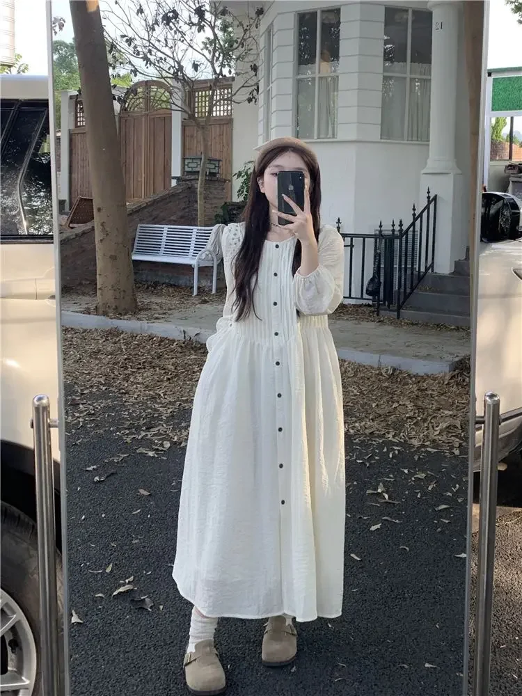 Design High Waist Loose and Long A-line Skirt Trendy Korean Pleated Long Sleeved Dress Women's New