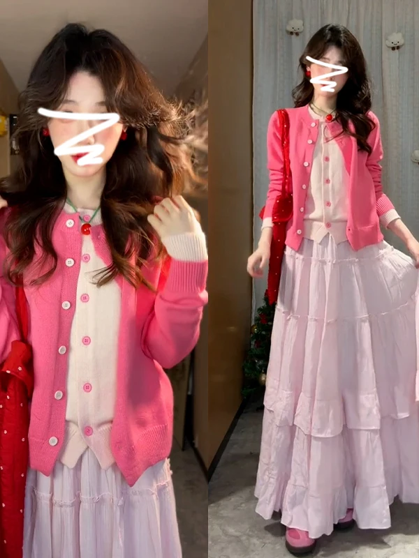 

Розовый вязаный свитер-жакет для женщин, корейский стиль, ранняя осень 2026, новинка, мягкая ткань, длинный рукав, круглый вырез, на пуговицах