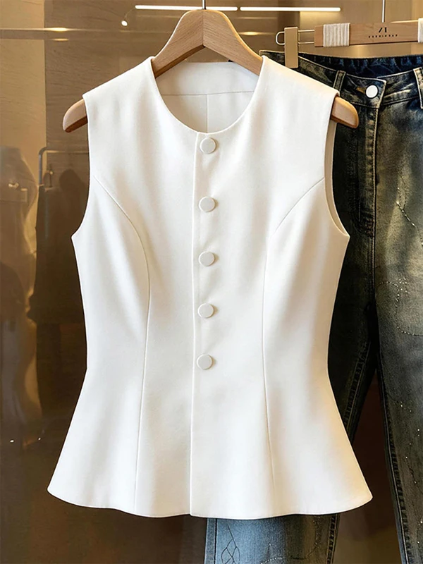 2026 Summer Commute Luxury Slim Fit Waist Cinching A-Line Outerwear Shoulder Bared Vest White Acetate Women's Sleeveless Top