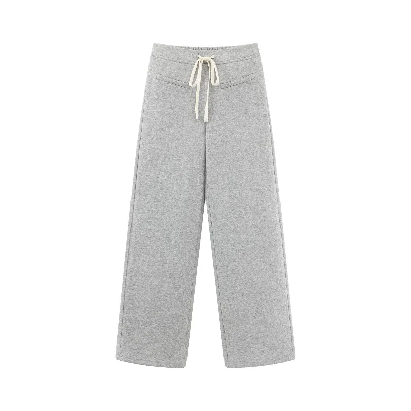 Women Lady High-Waist Loose Wide-Leg Pants Warm Spring Sweatpants Contrast Drawstring Casual Trousers Comfy Daily Fit Outfit