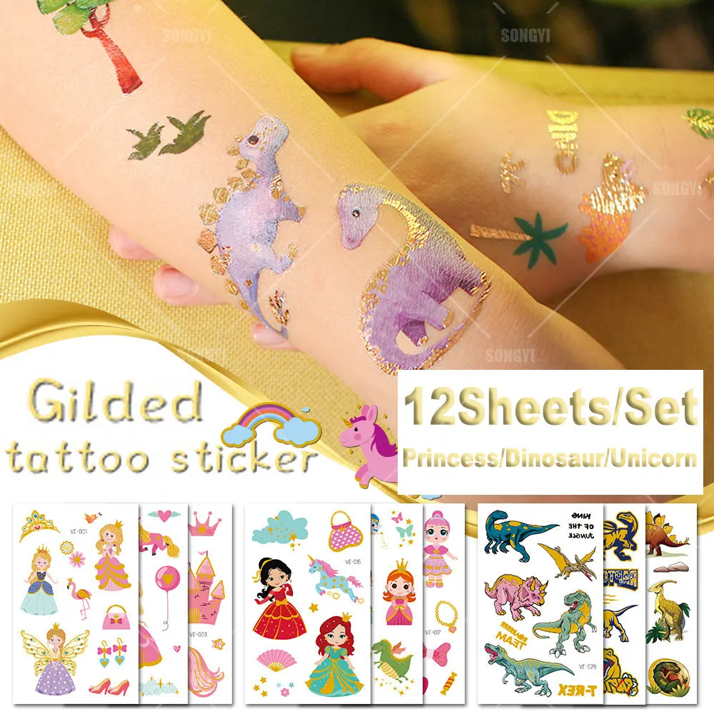 Gold Unicorn Temporary Tattoo Sticker Cartoon Princess Kids Face Children Body Fake Tattoo Body Makeup Waterproof Face Stickers