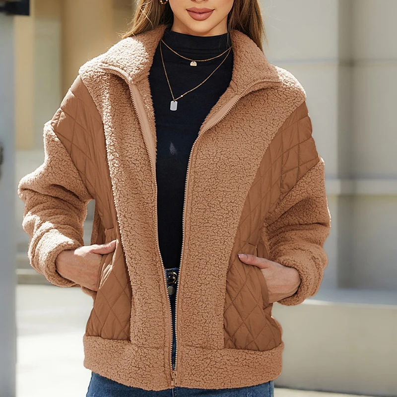 

Winter Women Fleece Warm Coats Long Sleeve Zipper Up Patchwork Plush Cardigans Casual Streetwear Jackets Fashion